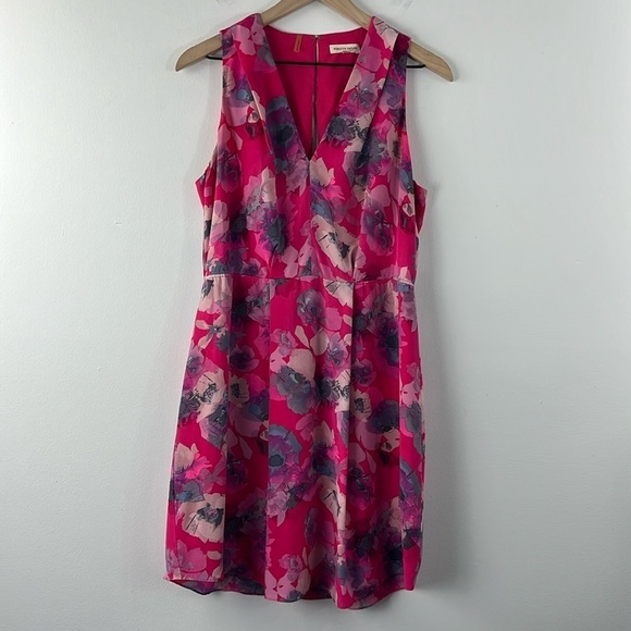 Rebecca Taylor Flowerpress Silk Pink Watercolor Floral V-Neck Dress 8 Barbie - Picture 1 of 14